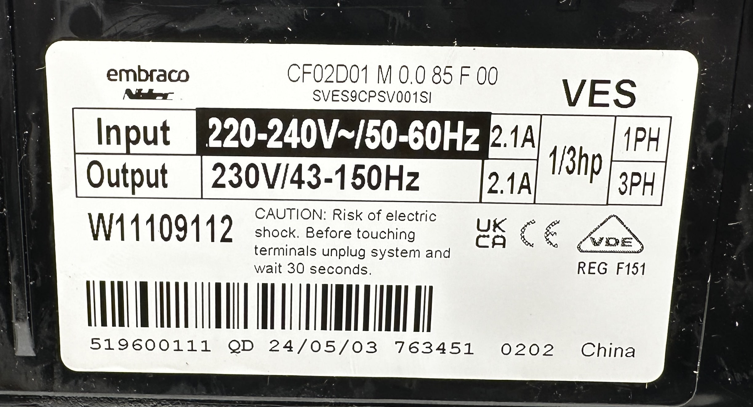 Компрессор R600 Embraco VESD9C (инвертор) 170W/-23,3'C