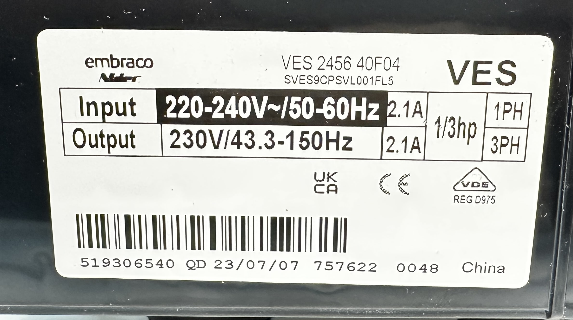 Компрессор R600 Embraco VESA9C (инвертор) 170W/-23,3'C