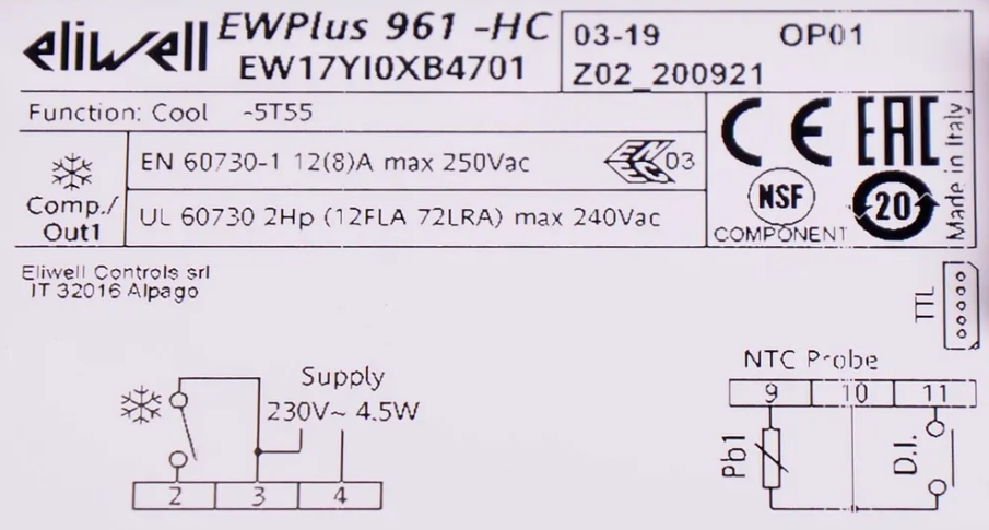 Электронный блок контроллер Eliwell EW961 Plus (1 датчик) Италия 12А