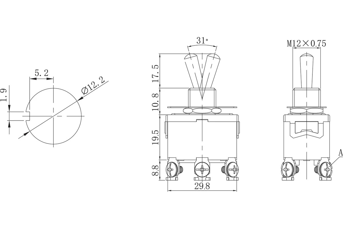 Кнопка (тумблер) KN202 (6 контактов 2 положения) 250V 15А