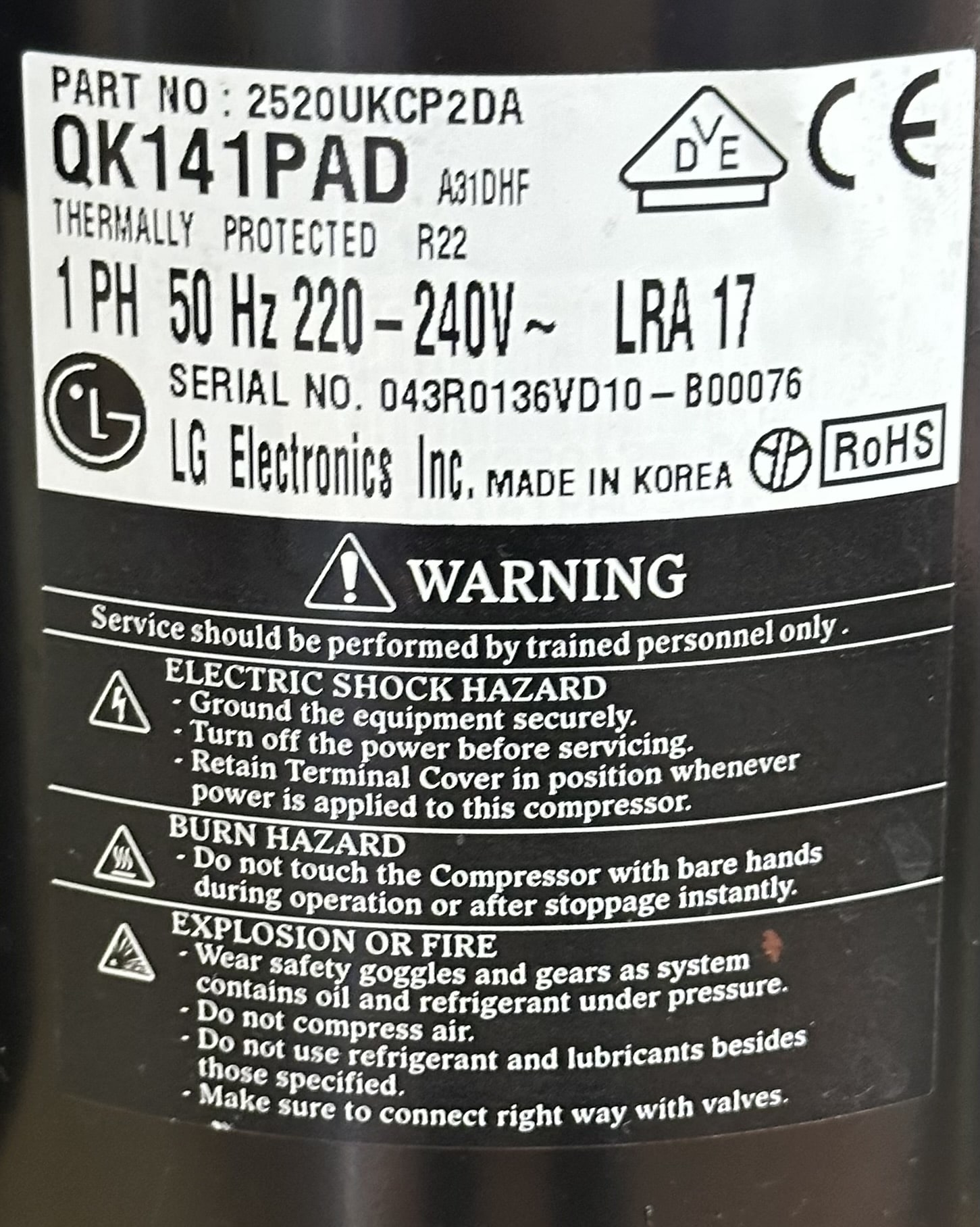 Компрессор кондиционера R22 LG QK141PAD 7000BTU 2520UKCP2DA